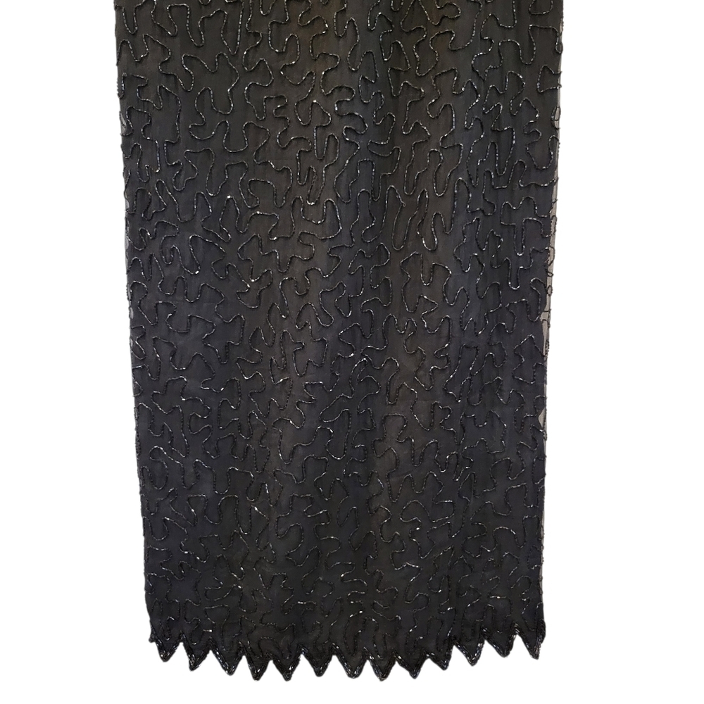 Vintage Laurence Kazar Silk Black Silver Beaded Sequined Full Length Gown Dress - Picture 5 of 12